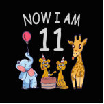 Nu ben ik 11 jaar, 11e verjaardag in de dierentuin staand fotobeeldje<br><div class="desc">Fijne elfde verjaardag. Grappig en mooi 'Kids Birthday'-design met een schattige olifant,  twee fretten en een giraffe die je verjaardag viert in de dierentuin.</div>