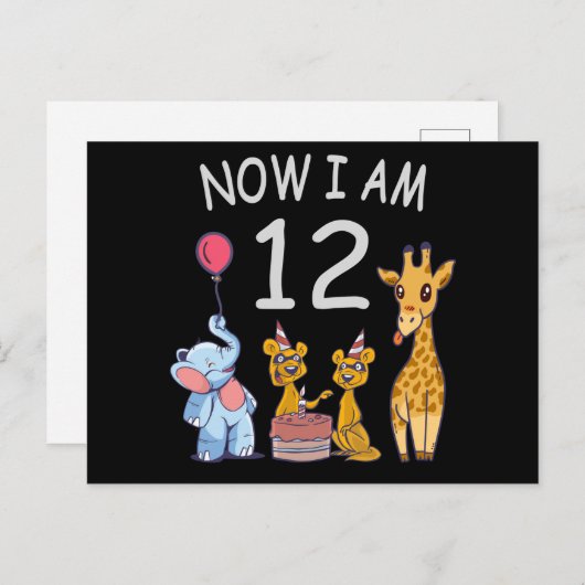 Nu ben ik 12 jaar, 12e verjaardag in de dierentuin briefkaart (Voorkant / Achterkant)