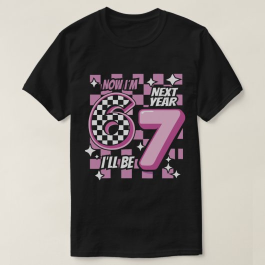 Nu ben ik 6, volgend jaar word ik 7" Roze geruite T-shirt (Design voorkant)
