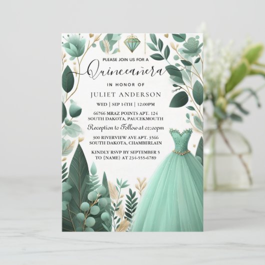 Nu Bomen Gouden Munt Glam Emerald Green Quinceaner Kaart (Staand voorkant)