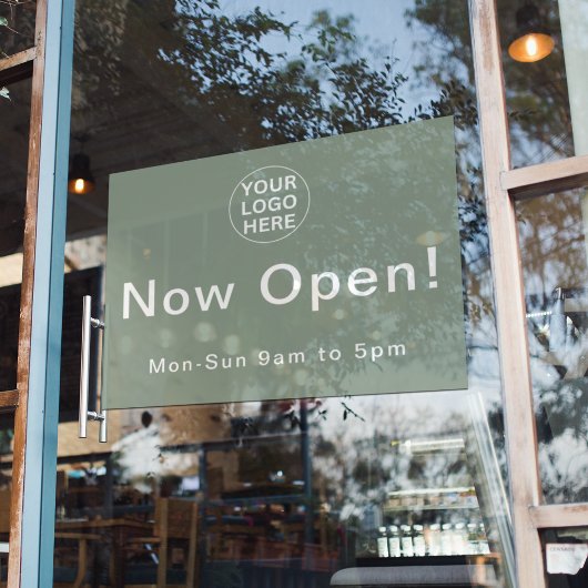 Nu geopend l Openingstijden Sage Green Logo Raamsticker