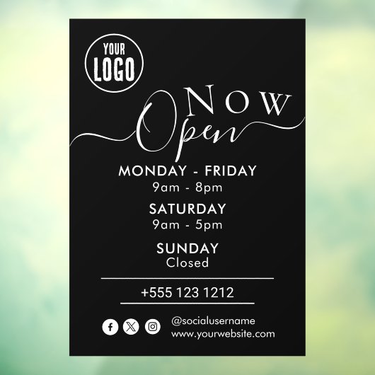 Nu geopend | Openingstijden Bedrijf Logo BLACK Raamsticker (Vel 3)