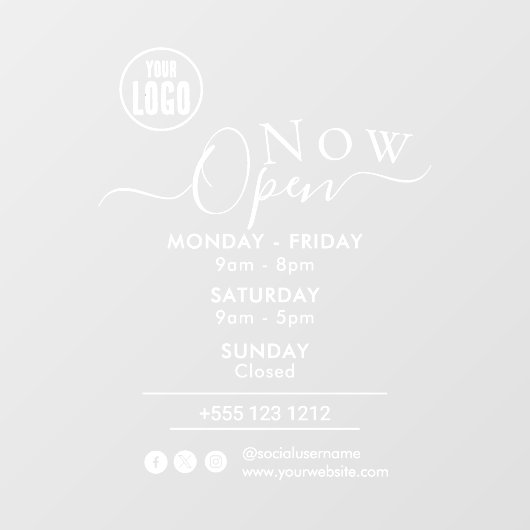 Nu geopend | Openingstijden Bedrijfslogo wit Raamsticker (Vel)