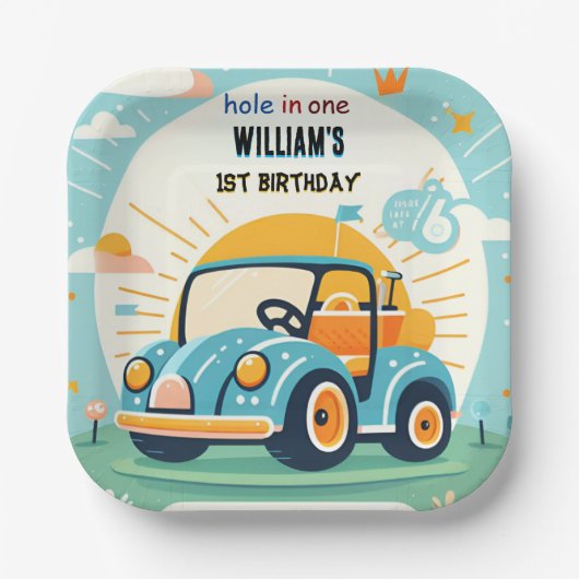 Nu jongen schattig golfgat in een eerste 1e verjaa papieren bordje (Voorkant)