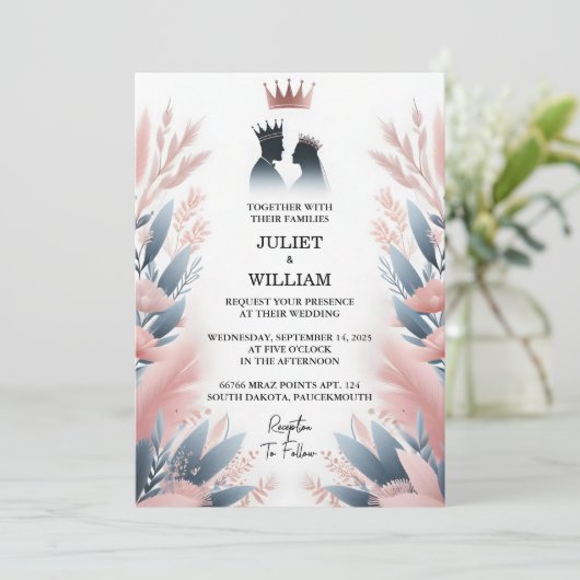 Nu Lange Tulle Regal Royal Glam Blush Roze Bruilof Kaart (Staand voorkant)