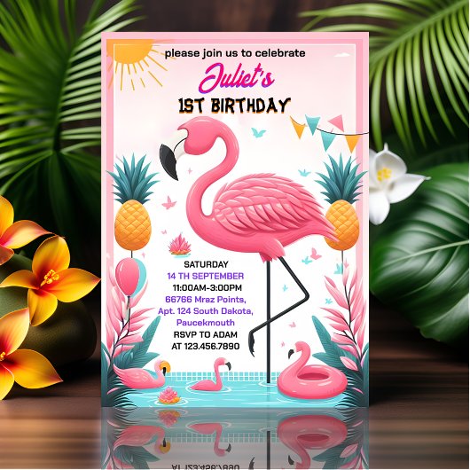 Nu Luau Fly Pink Flamingo Pool Party 1e verjaardag Kaart