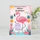 Nu Luau Fly Pink Flamingo Pool Party 1e verjaardag Kaart (Staand voorkant)