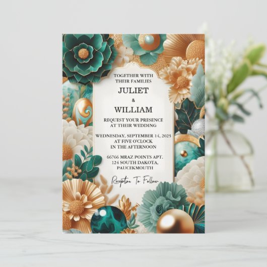 Nu Marmeren Monstera Smaragd Groen en Gouden Bruil Kaart (Staand voorkant)