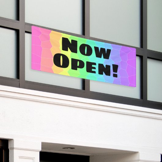 Nu open! Geometrische regenboogbanner Spandoek (Buitenkant Gebouw)