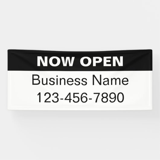 Nu Open Zwart-wit Bedrijfsnaam Telefoon Spandoek (Horizontaal)