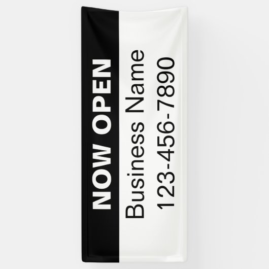Nu Open Zwart-wit Bedrijfsnaam Telefoon Spandoek (Verticaal)