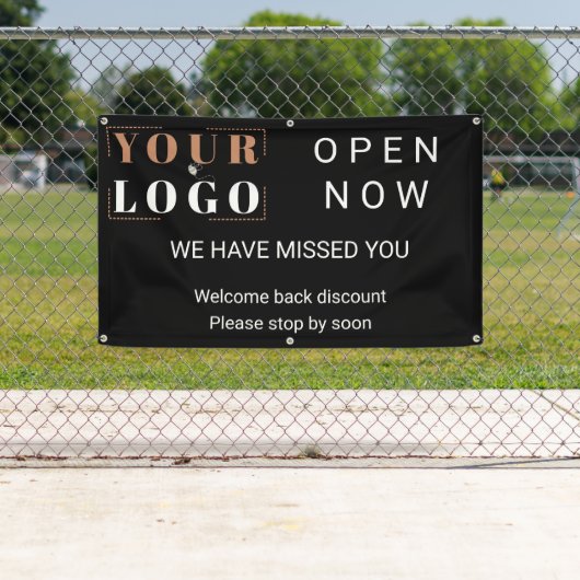 Nu openen Business Logo Black Outdoor Spandoek (Insitu)