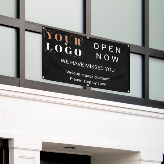 Nu openen Business Logo Black Outdoor Spandoek (Buitenkant Gebouw)