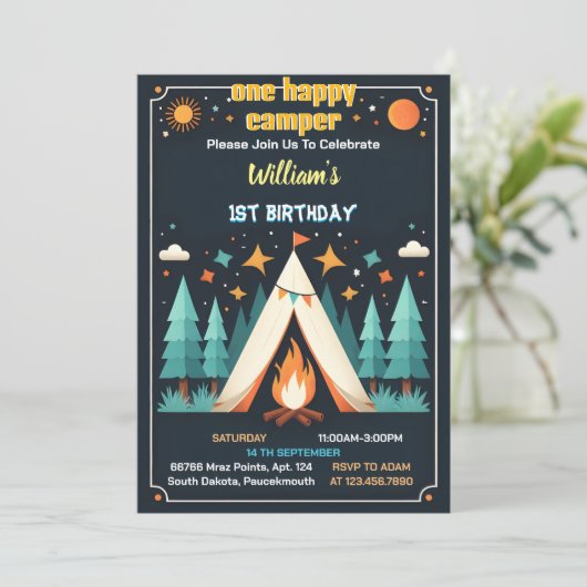 Nu Schattige Natuur Boys One Happy Camper 1e Verja Kaart (Staand voorkant)