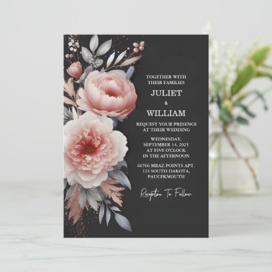 Nu Silk Pink Boho Peony Garden Dusty Roos bruiloft Kaart (Staand voorkant)