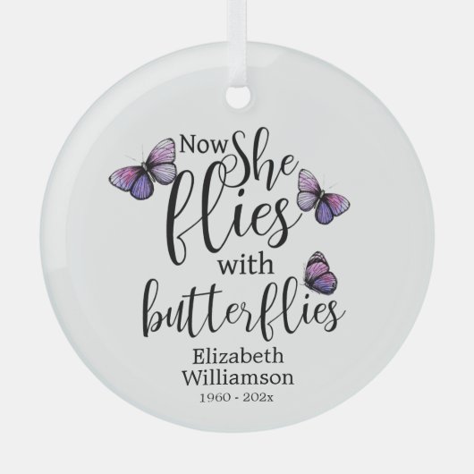 Nu vliegt ze met Butterflies Memorial Glas Ornament (Voorkant)