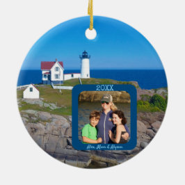 Nubble Lighthouse Familie Foto Kerstmis Keramisch Ornament