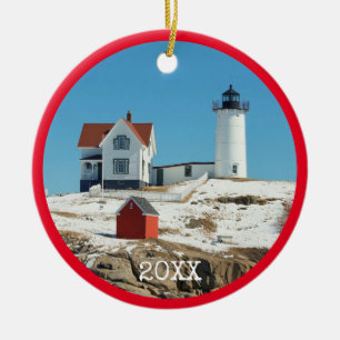Nubble Lighthouse Red Family Foto Keramisch Ornament