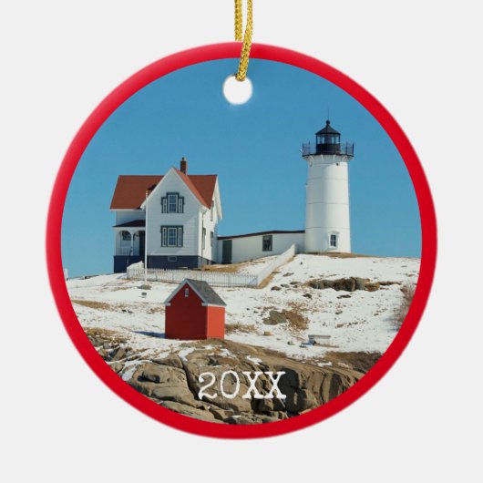 Nubble Lighthouse Red Family Foto Keramisch Ornament (Voorkant)