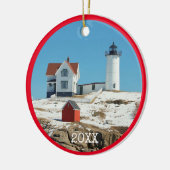 Nubble Lighthouse Red Family Foto Keramisch Ornament (Links)