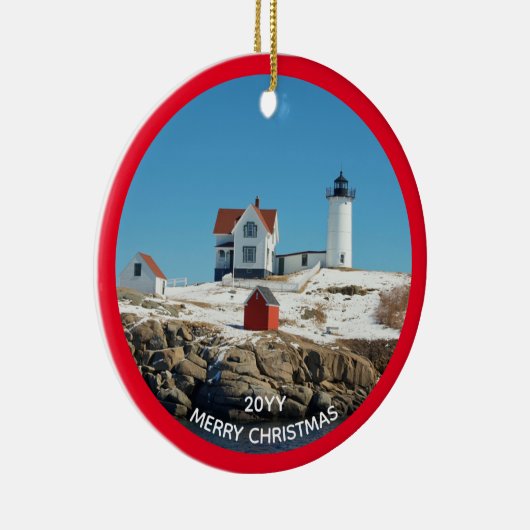 Nubble Red Year Atlantic Ocean Maine Lighthouse Keramisch Ornament (Rechts)