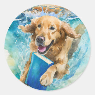 Nuchtere Hond die Speelt met Grote Boek Herstel Ronde Sticker