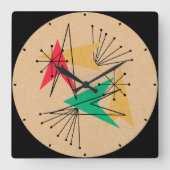 Nucleaire pijlen en Starbursts Mid Century Modern Vierkante Klok (Voorkant)