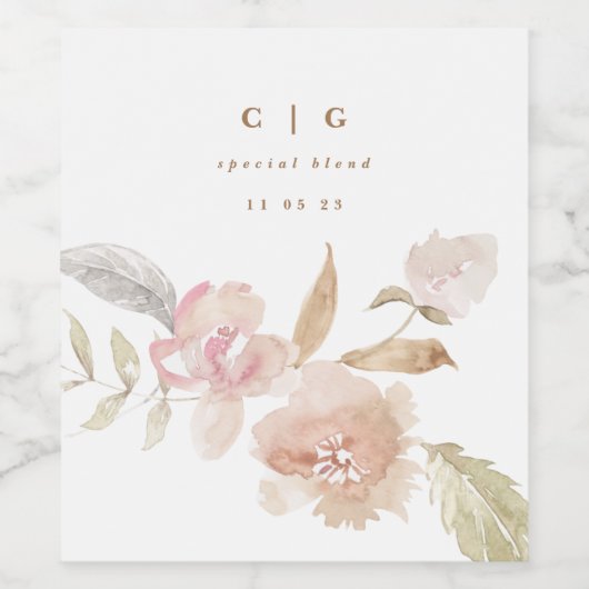Nude Romantic Waterverf Florals Wedding Bottle Wijn Etiket (Enkel label)
