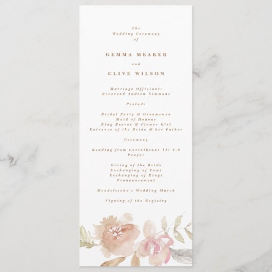Nude Romantic Waterverf Florals Wedding Ceremony Programmakaart (Voorkant)