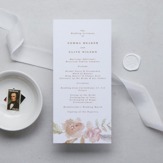 Nude Romantic Waterverf Florals Wedding Ceremony Programmakaart