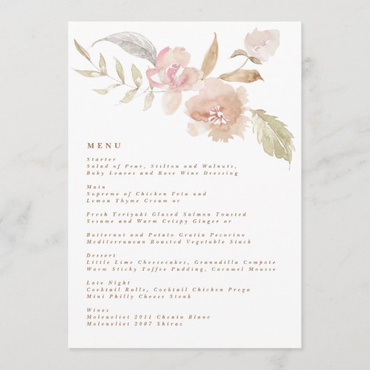 Nude Romantic Waterverf Florals Wedding Menu (Voorkant)