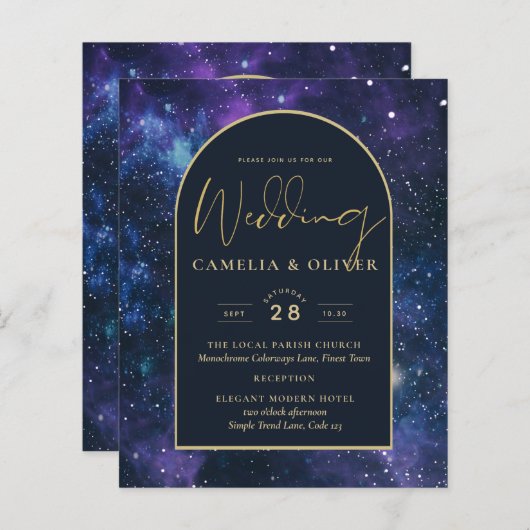 NUDGET Sterrennacht Paars Blue Wedding INVITE (Voorkant / Achterkant)