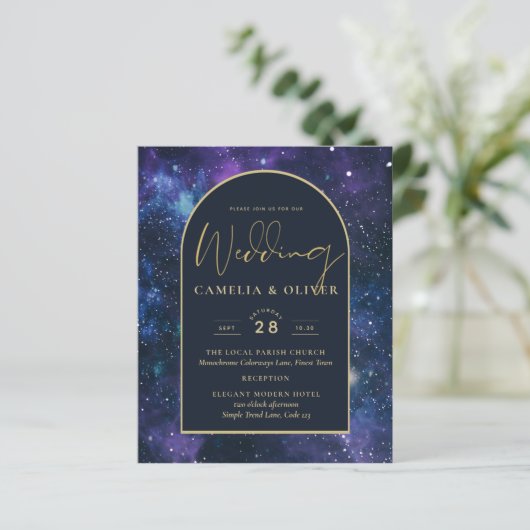 NUDGET Sterrennacht Paars Blue Wedding INVITE (Staand voorkant)