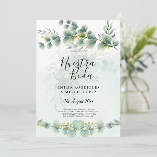 Nuesta Boda Groene Gebloemde Gouden Trouw Uitnodig Kaart (Staand voorkant)