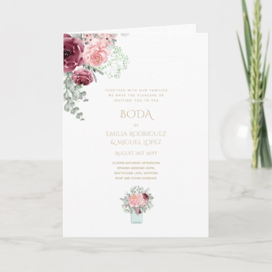 Nuestra Boda 4page FLORAL Spain Wedding INVITES Kaart (Voorkant)