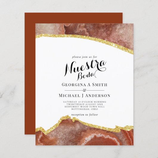 Nuestra Boda AGATE Gold Spanish Wedding INVITE (Voorkant / Achterkant)