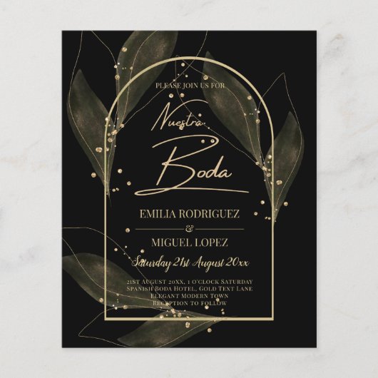 NUESTRA BODA Black Gold Leaves Trouwkaart Flyer (Voorkant)