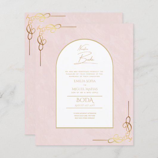 Nuestra Boda Budget Gold Accent Bilingual Invite (Voorkant / Achterkant)