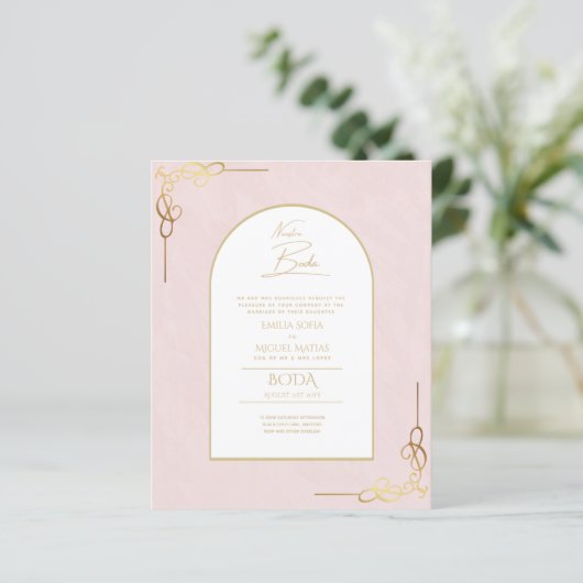 Nuestra Boda Budget Gold Accent Bilingual Invite (Staand voorkant)