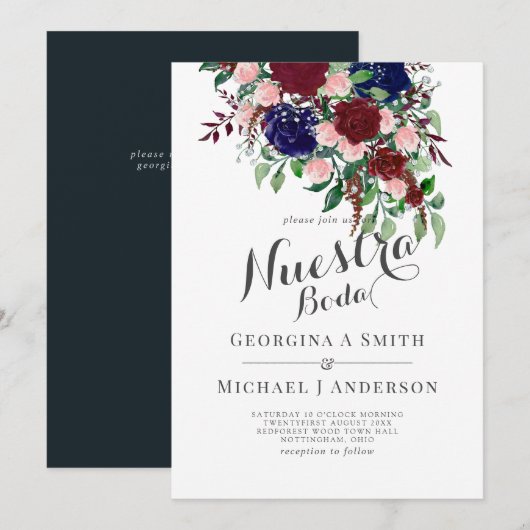 Nuestra Boda- Burgundy Blauwe Spaanse Trouw Uitnod Kaart (Voorkant / Achterkant)