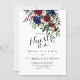 Nuestra Boda- Burgundy Blauwe Spaanse Trouw Uitnod Kaart