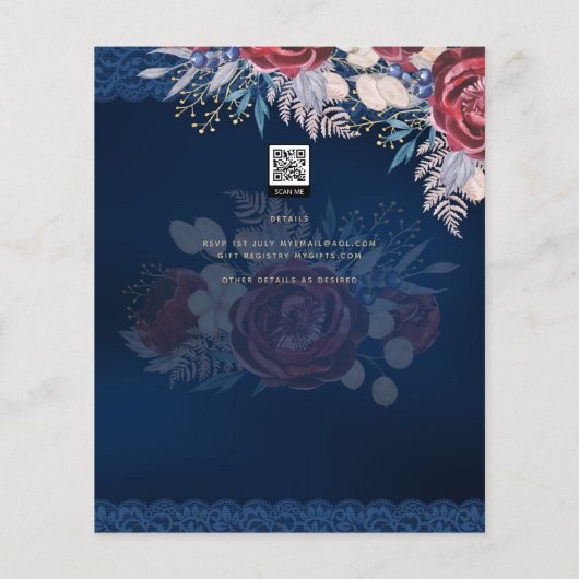 Nuestra Boda Burgundy Blue Floral Lace INVITE Flyer (Achterkant)