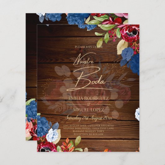 NUESTRA BODA Burgundy Blue Floral Wedding INVITE (Voorkant / Achterkant)