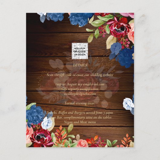 NUESTRA BODA Burgundy Blue Floral Wedding INVITE (Achterkant)