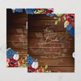 NUESTRA BODA Burgundy Blue Floral Wedding INVITE