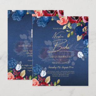 NUESTRA BODA Burgundy Blue Floral Wedding INVITE