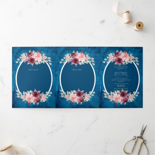 Nuestra Boda Burgundy Blue Floral Wedding Invite Drieluik Uitnodiging (Buitenkant)