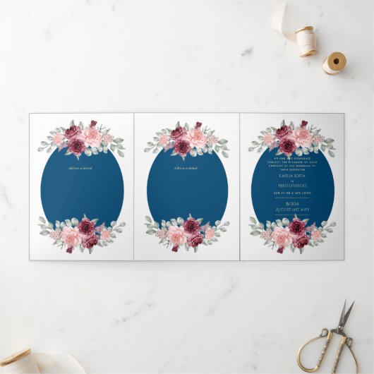 Nuestra Boda Burgundy Blue Floral Wedding Invite Drieluik Uitnodiging (Buitenkant)