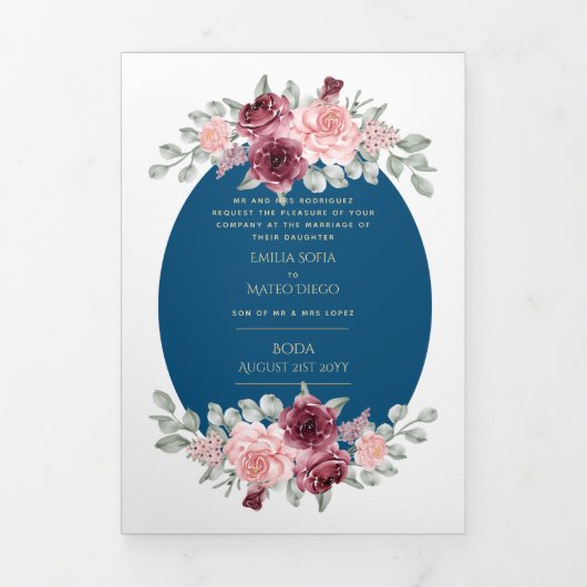 Nuestra Boda Burgundy Blue Floral Wedding Invite Drieluik Uitnodiging (Cover)
