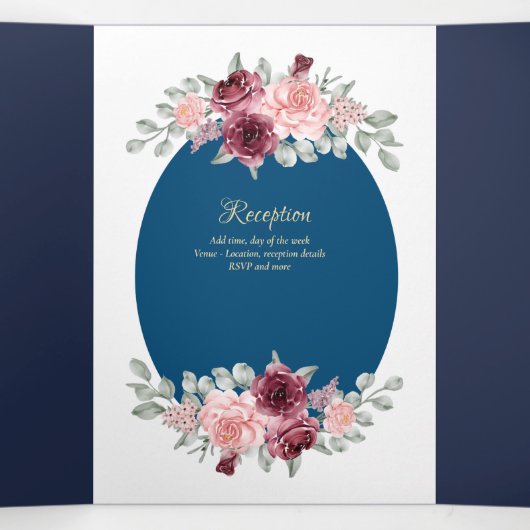 Nuestra Boda Burgundy Blue Floral Wedding Invite Drieluik Uitnodiging (Binnenkant midden)